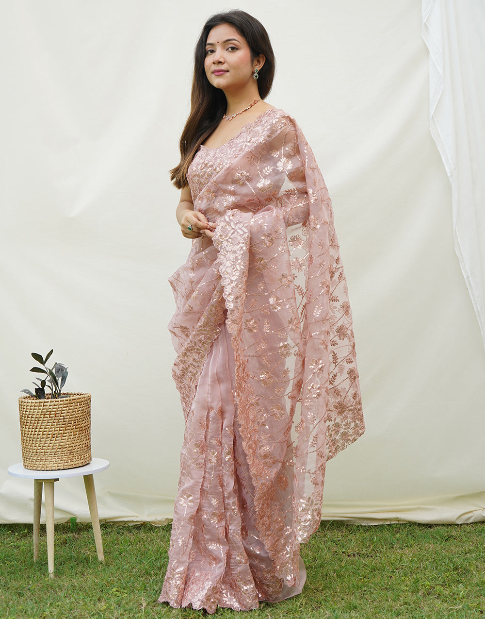 Cameo Pink Organza Saree With Sequence Work With Arco Border