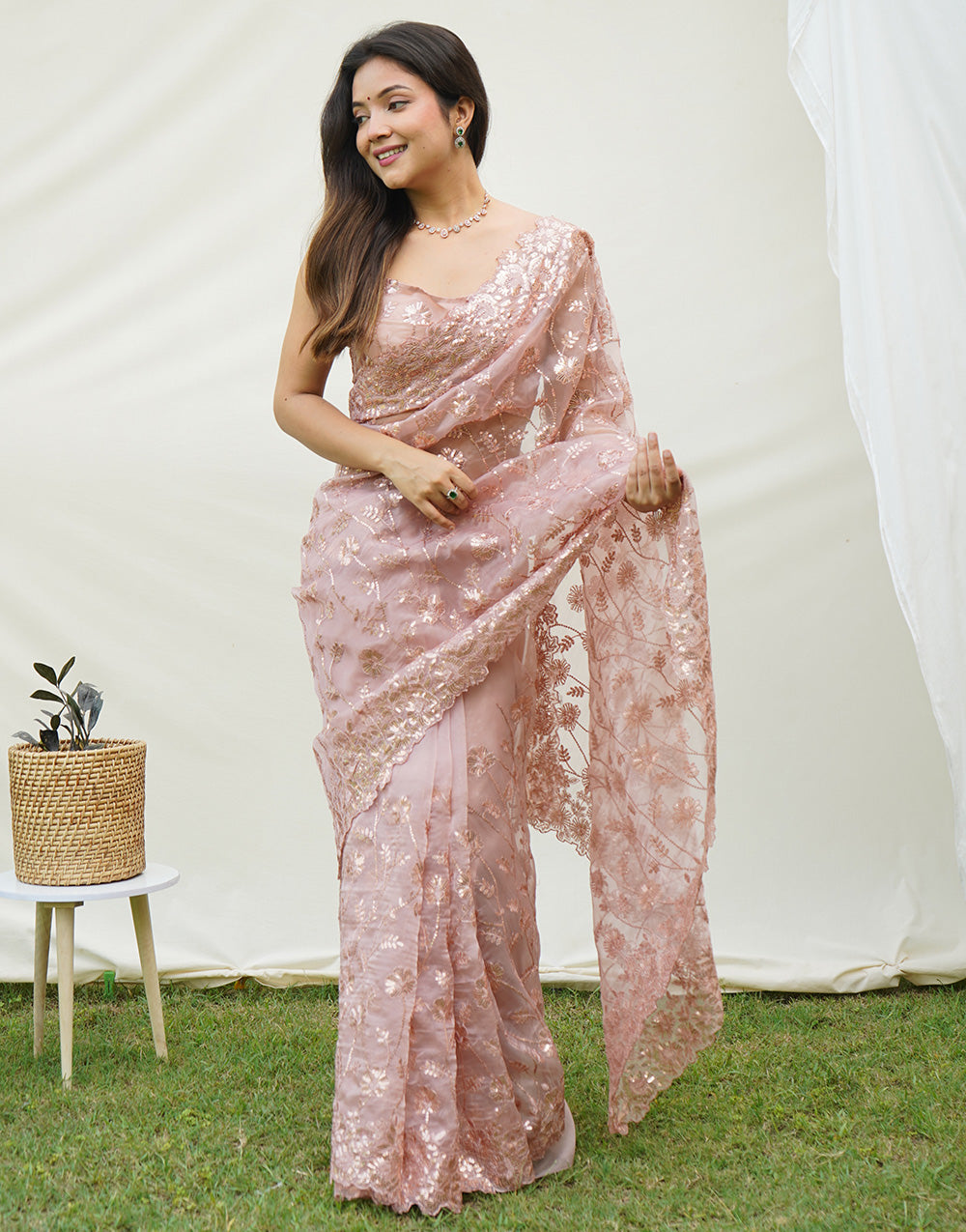 Peach Organza Saree With Embroidery Work & Lace border