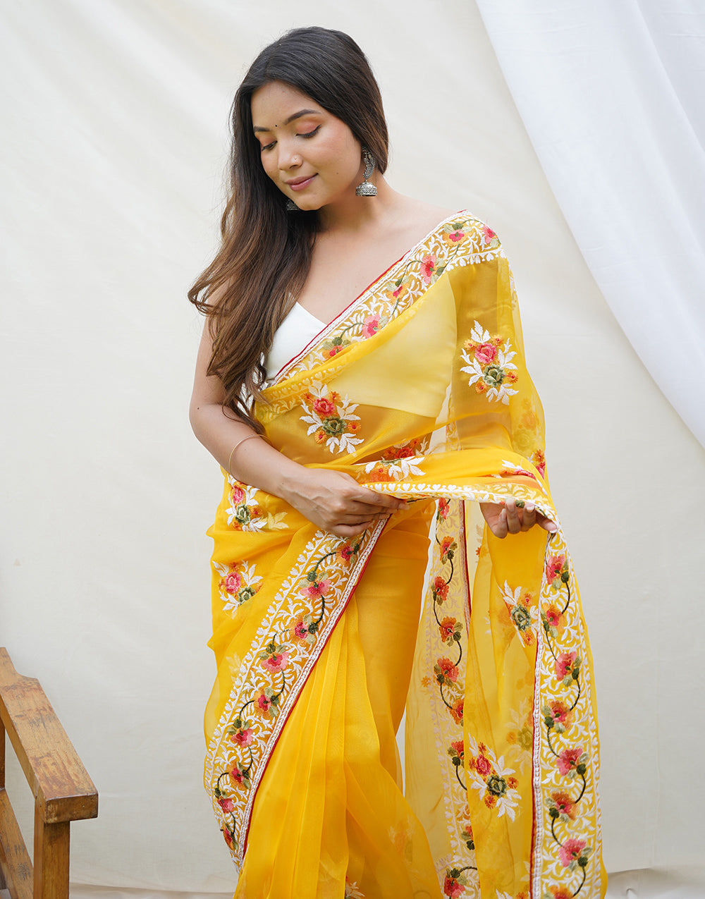 Yellow Organza Saree With Embroidery With Piping Border