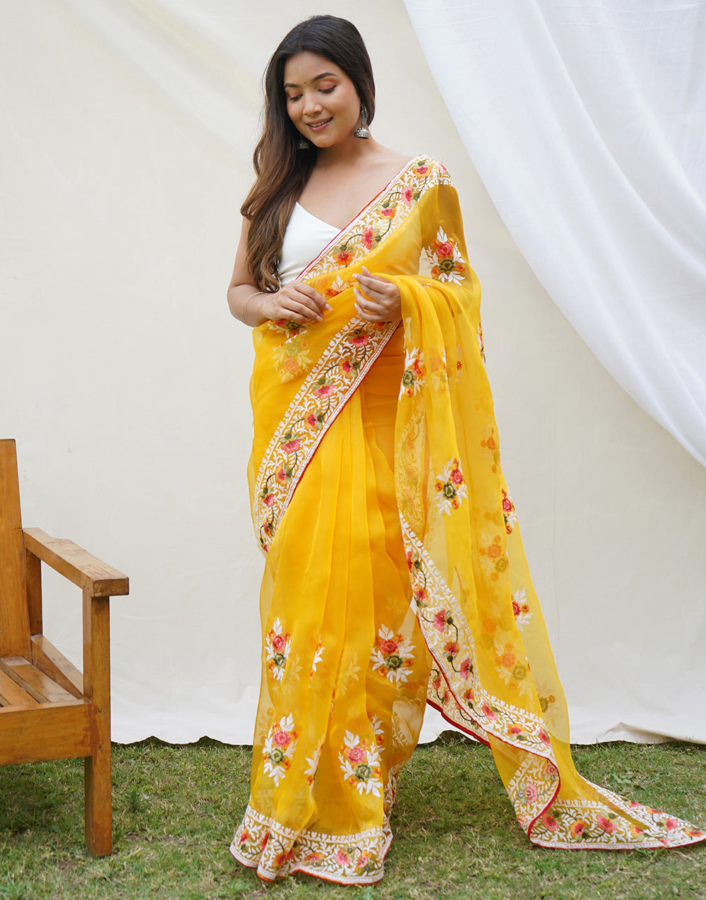 Yellow Organza Saree With Embroidery With Piping Border
