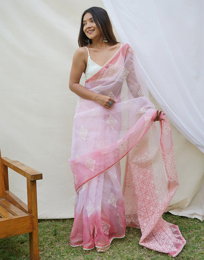 Rose Pink Organza Saree With Embroidery Work & Piping Broder