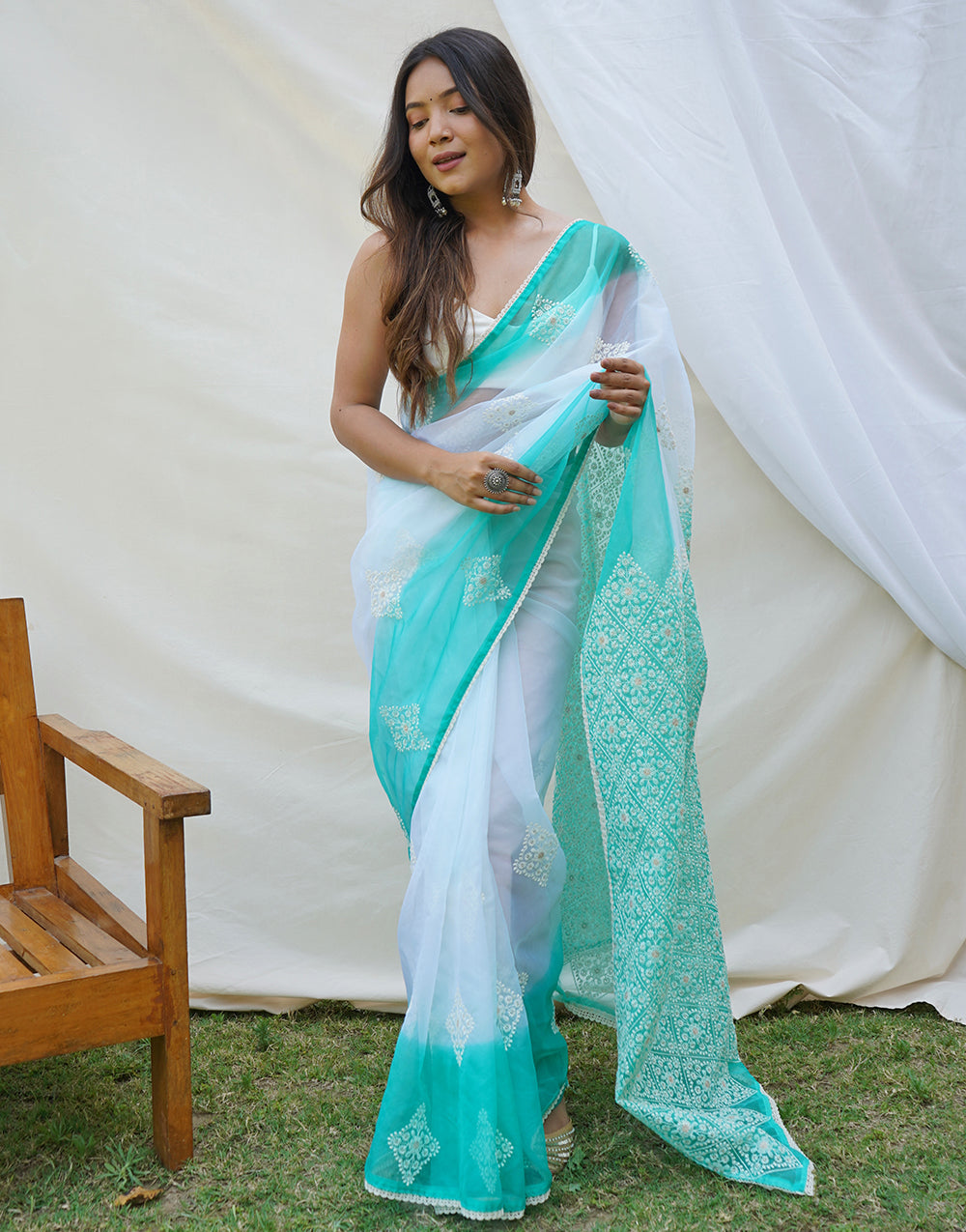 Sky Blue Organza Saree With Embroidery Work & Piping Broder