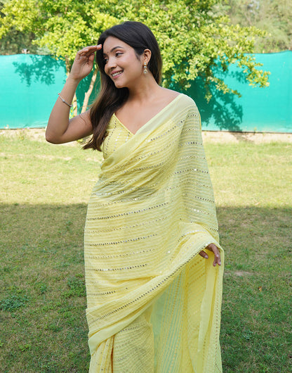 Lemon Yellow Georgette Saree With Embroidery & Sequence Work