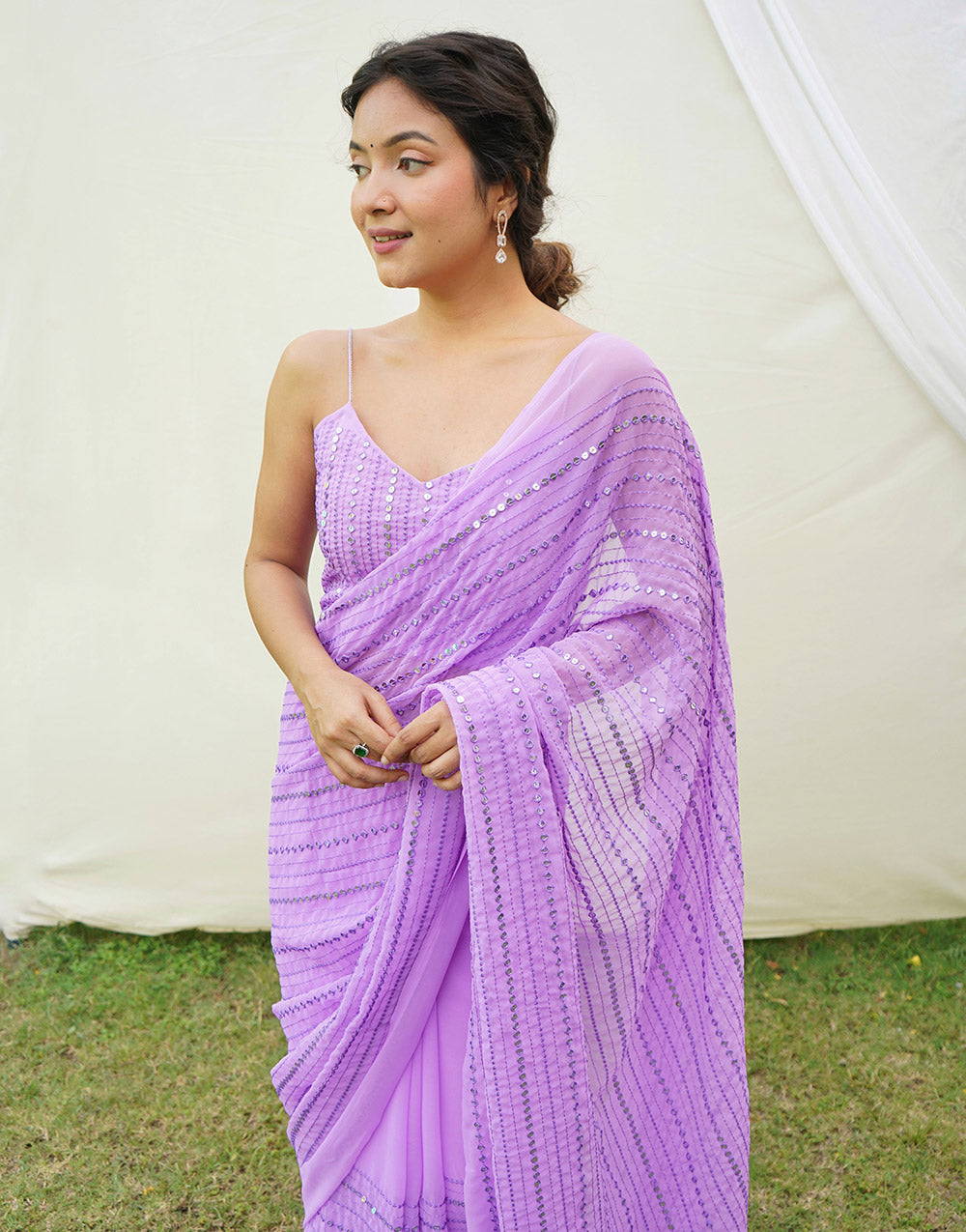 Lavender Georgette Saree With Embroidery Sequence Work