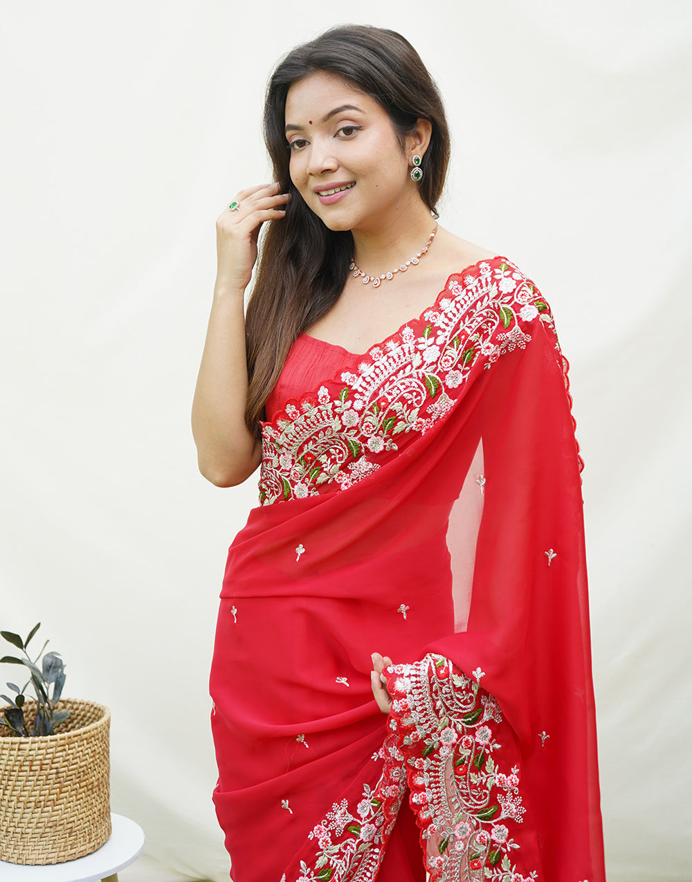 Rose Red Georgette Saree With Silver Codding Sequence Work