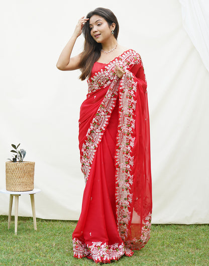 Rose Red Georgette Saree With Silver Codding Sequence Work