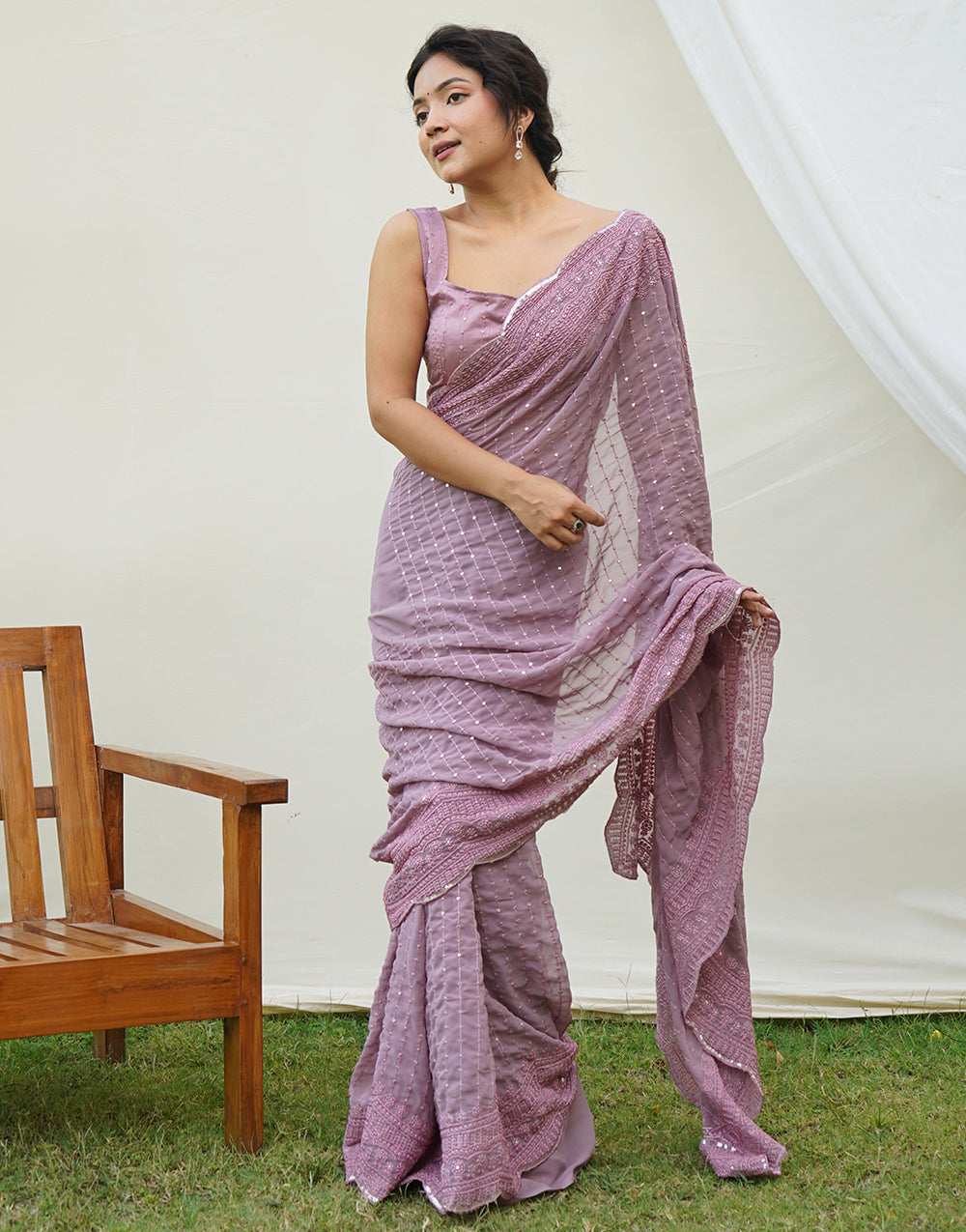 Lilac Purple Georgette Saree With Embroidery & Sequence Work