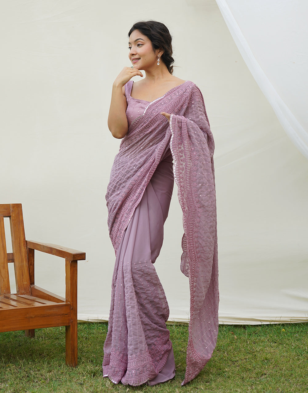 Lilac Purple Georgette Saree With Embroidery & Sequence Work