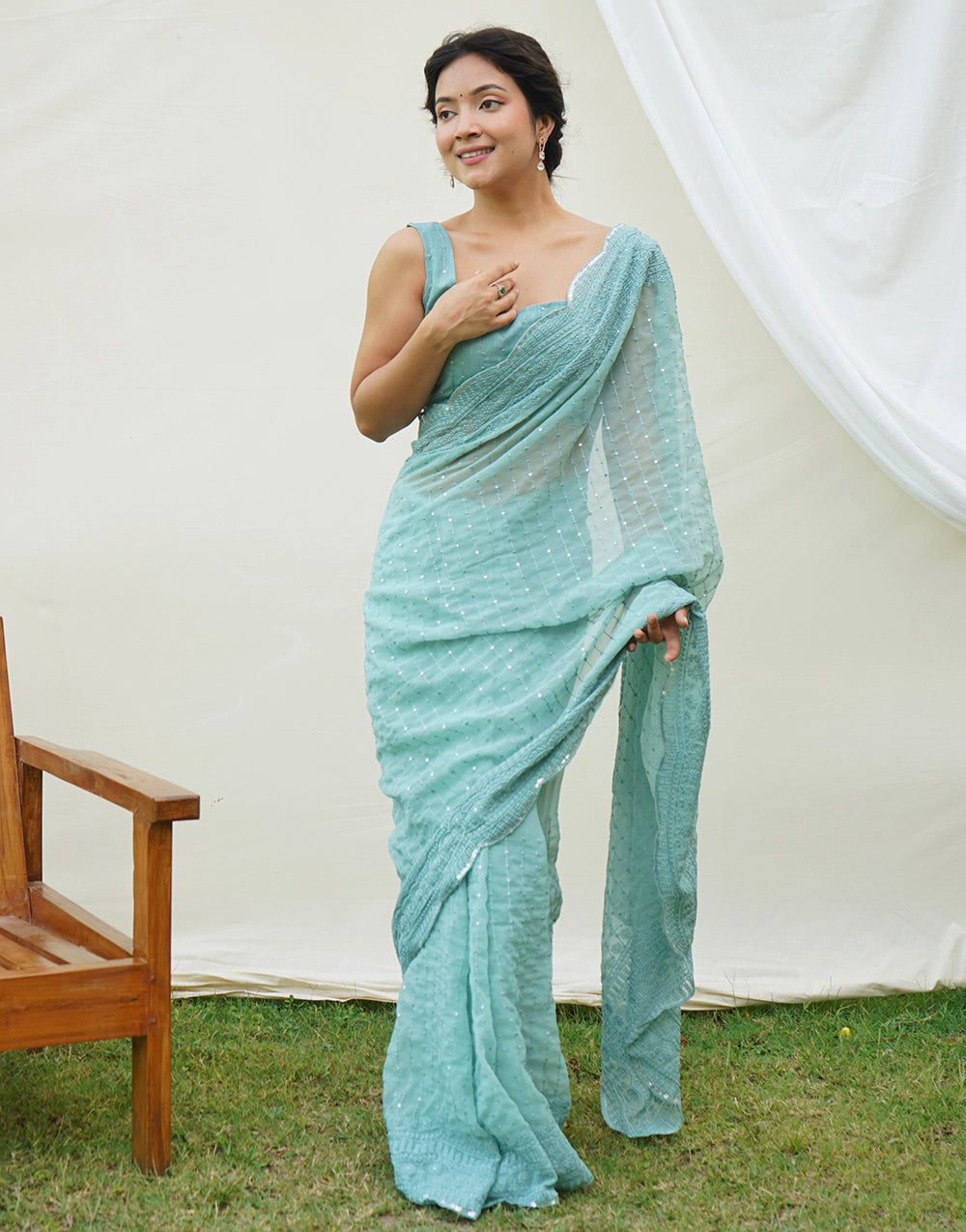 Light Teal Georgette Saree With Embroidery sequence work