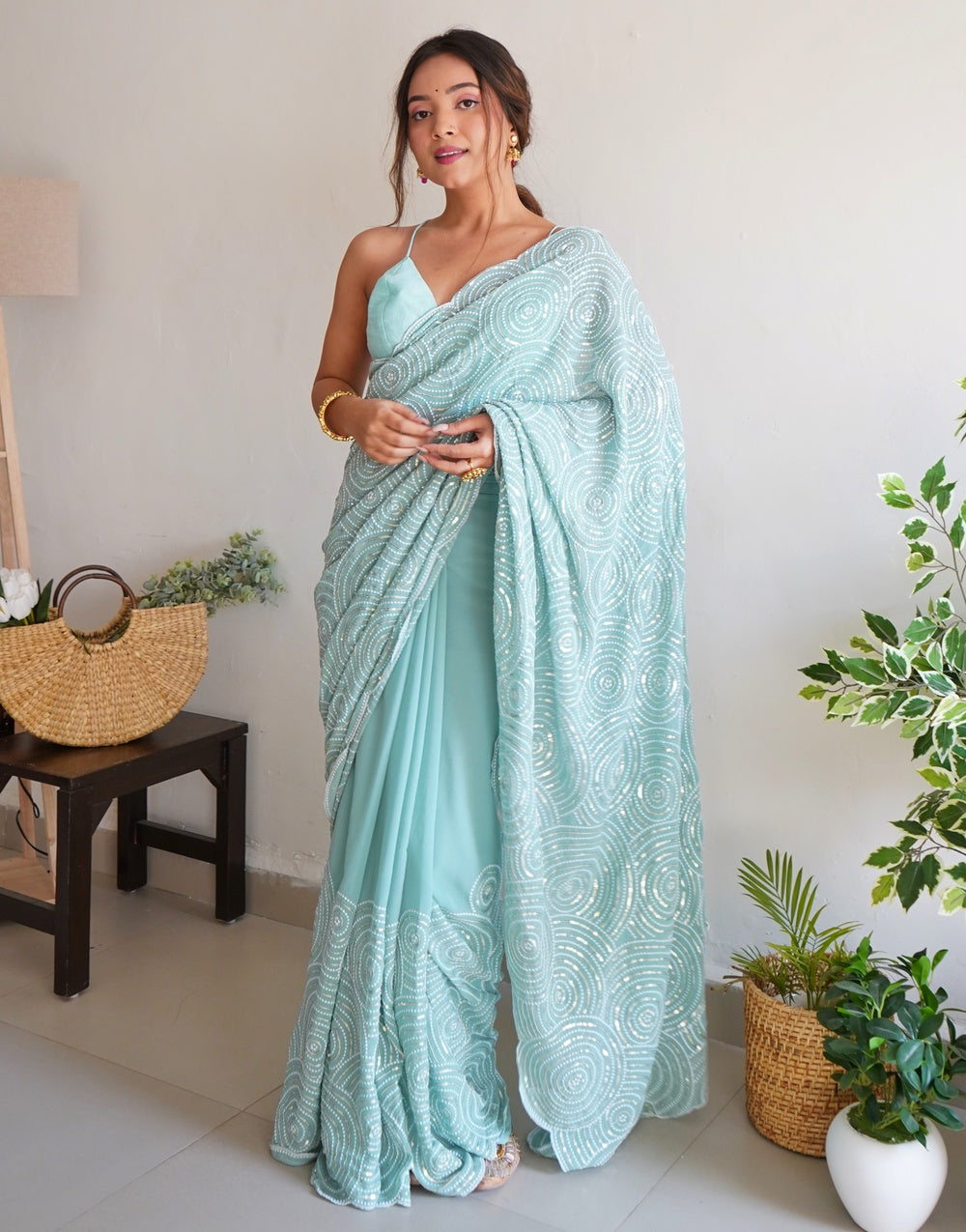 Sky Bluer Georgette Saree With Sequence Work