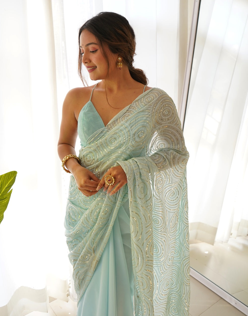 Light Sky Blue Georgette Saree With Sequence Work