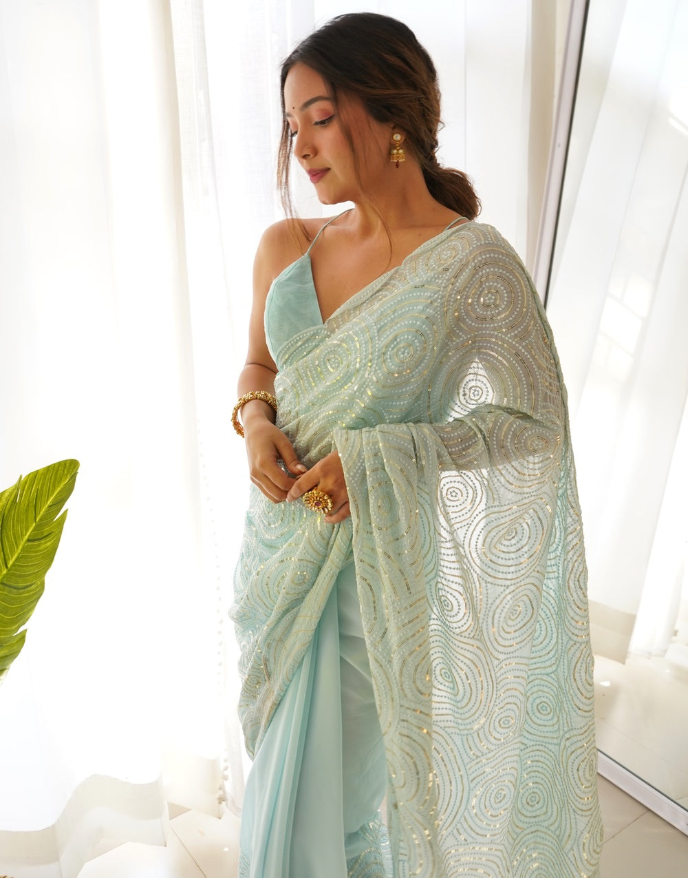Light Sky Blue Georgette Saree With Sequence Work