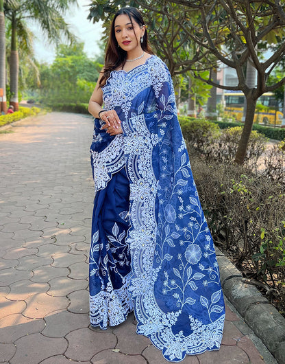 Blue Organza Saree With Thread Embroidery Cut Work Border