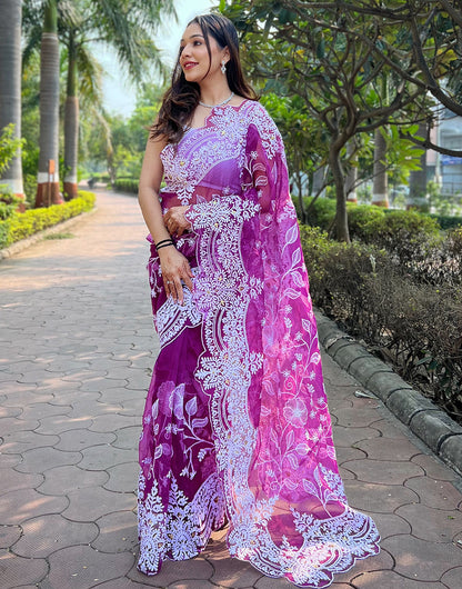 Purple Organza Saree With Thread Embroidery Cut Work Border