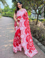 Red Organza Saree With Thread Embroidery Cut Work Border