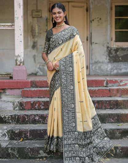 Fossil Grey & Light Yellow Soft Handloom Raw Silk Saree With Weaving Work