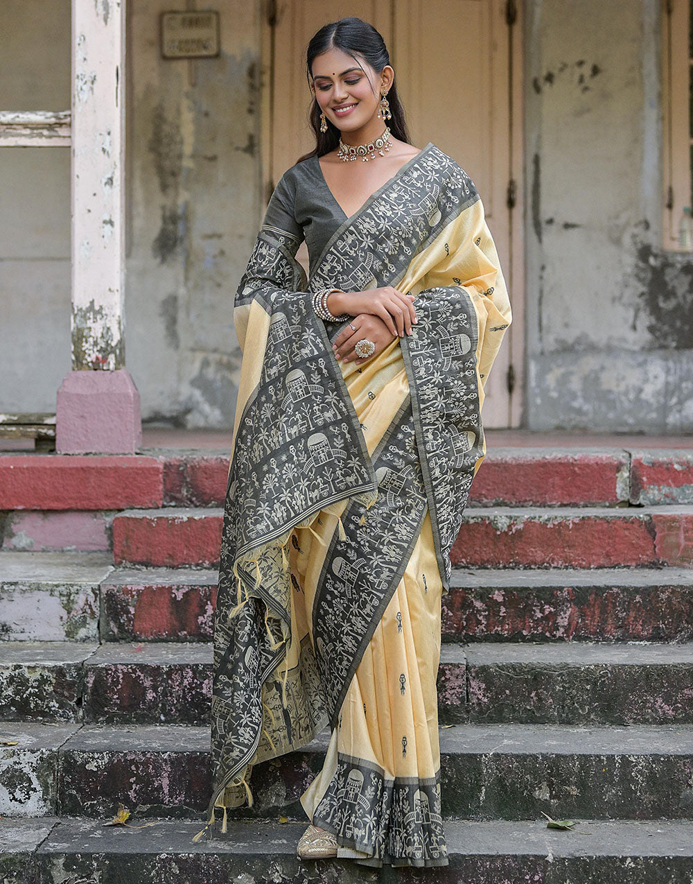 Fossil Grey & Light Yellow Soft Handloom Raw Silk Saree With Weaving Work