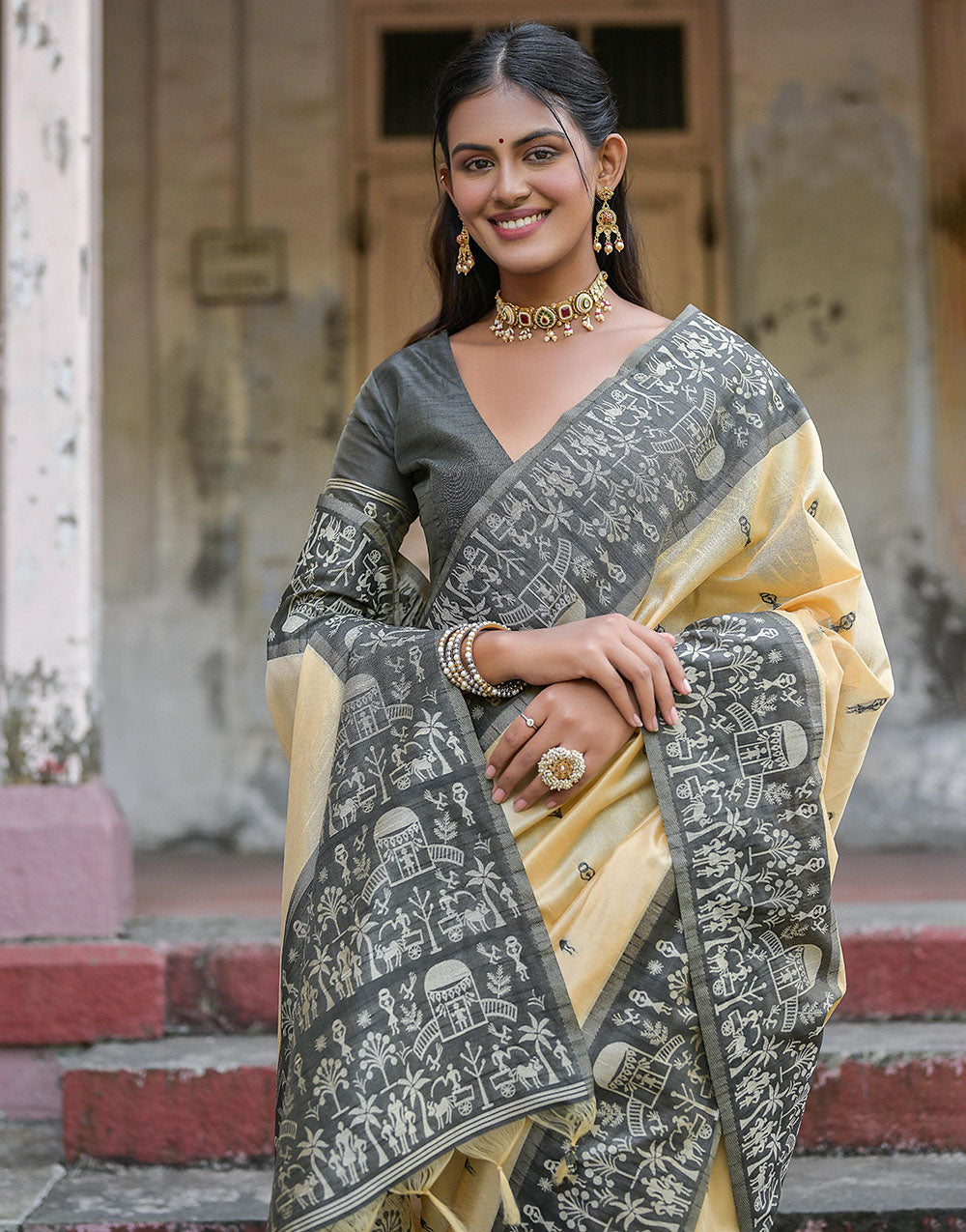 Fossil Grey & Light Yellow Soft Handloom Raw Silk Saree With Weaving Work