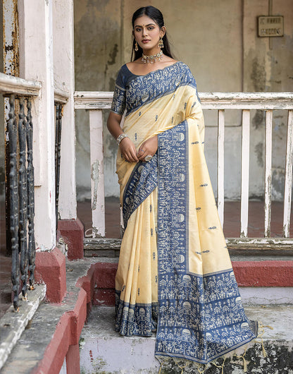 Steel Blue & Light Yellow Soft Handloom Raw Silk Saree With Weaving Work