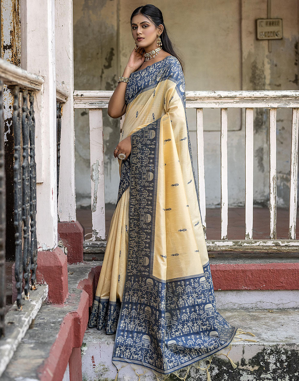 Steel Blue & Light Yellow Soft Handloom Raw Silk Saree With Weaving Work