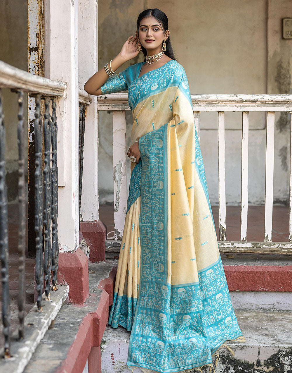 Sky Blue & Light Yellow Soft Handloom Raw Silk Saree With Weaving Work