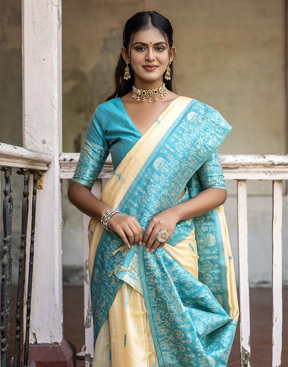 Sky Blue & Light Yellow Soft Handloom Raw Silk Saree With Weaving Work