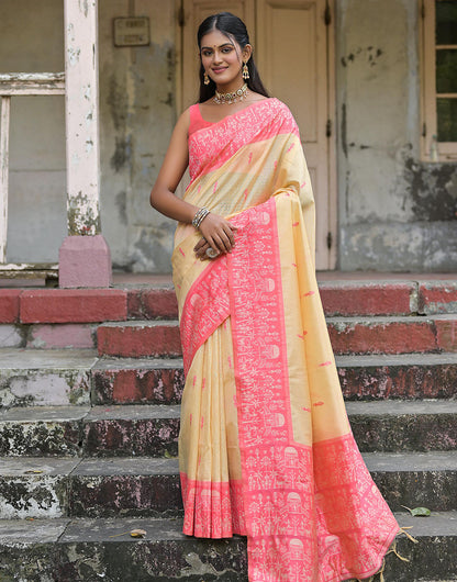 Georgia Peach & Light Yellow Soft Handloom Raw Silk Saree With Weaving Work