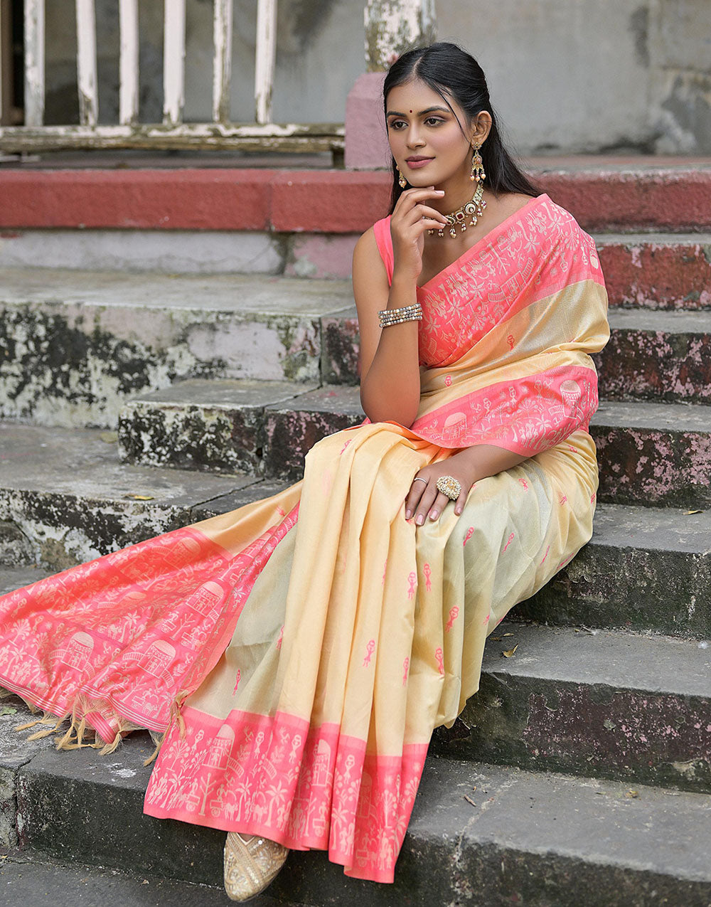 Georgia Peach & Light Yellow Soft Handloom Raw Silk Saree With Weaving Work