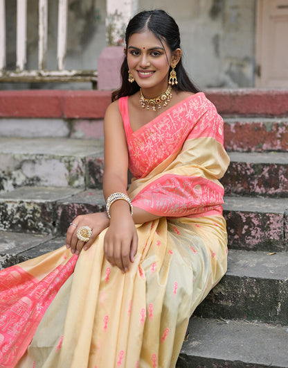 Georgia Peach & Light Yellow Soft Handloom Raw Silk Saree With Weaving Work