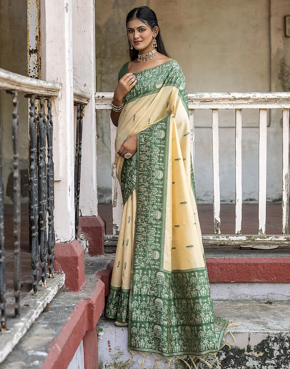 Fern Green & Light Yellow Soft Handloom Raw Silk Saree With Weaving Work