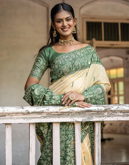 Fern Green & Light Yellow Soft Handloom Raw Silk Saree With Weaving Work