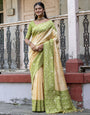 Moss Green & Light Yellow Soft Handloom Raw Silk Saree With Weaving Work