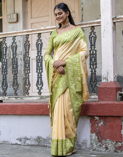 Moss Green & Light Yellow Soft Handloom Raw Silk Saree With Weaving Work