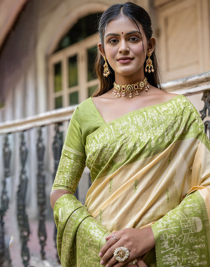 Moss Green & Light Yellow Soft Handloom Raw Silk Saree With Weaving Work