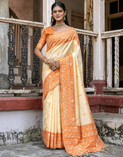 Pale Orange & Light Yellow Soft Handloom Raw Silk Saree With Weaving Work