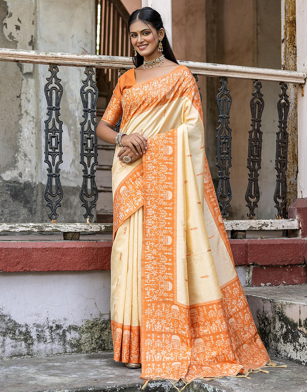 Pale Orange & Light Yellow Soft Handloom Raw Silk Saree With Weaving Work