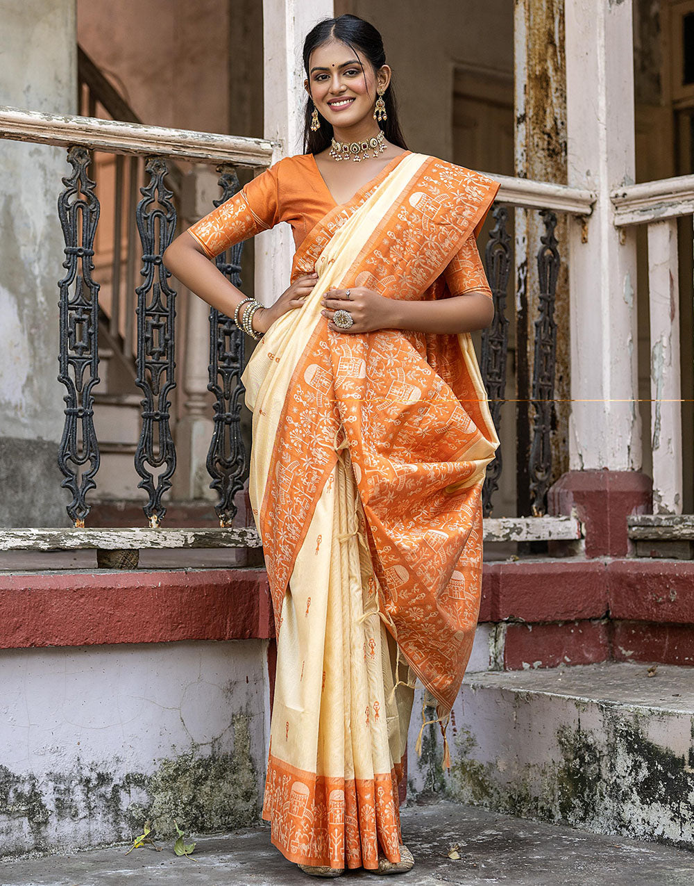 Pale Orange & Light Yellow Soft Handloom Raw Silk Saree With Weaving Work