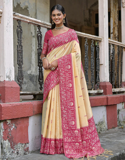 Dark Pink & Light Yellow Soft Handloom Raw Silk Saree With Weaving Work