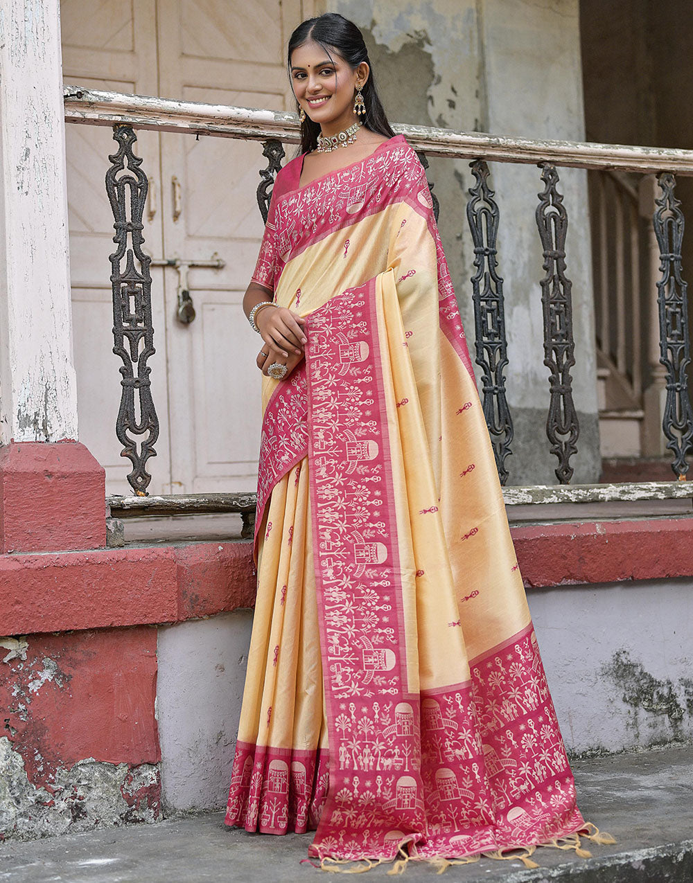 Dark Pink & Light Yellow Soft Handloom Raw Silk Saree With Weaving Work