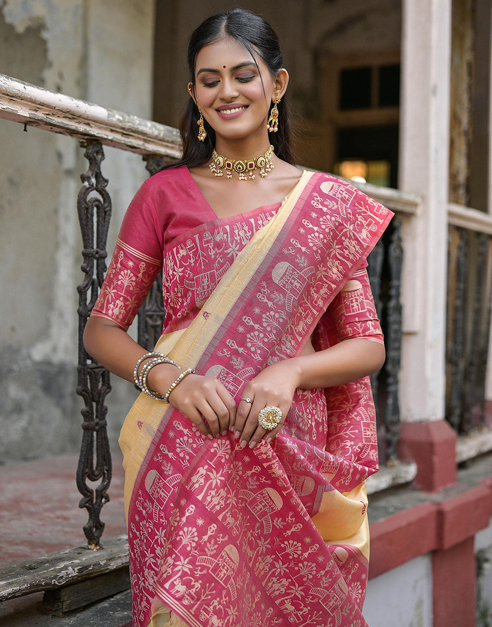 Dark Pink & Light Yellow Soft Handloom Raw Silk Saree With Weaving Work