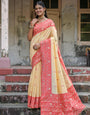 Peach Pink & Light Yellow Soft Handloom Raw Silk Saree With Weaving Work