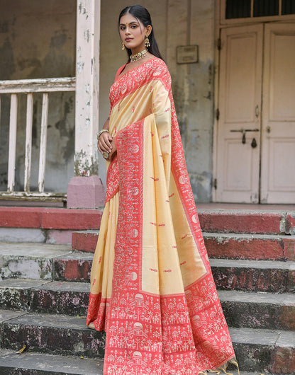 Peach Pink & Light Yellow Soft Handloom Raw Silk Saree With Weaving Work