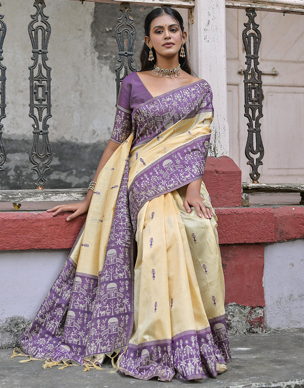 Mauve Purple & Light Yellow Soft Handloom Raw Silk Saree With Weaving Work