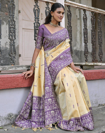 Mauve Purple & Light Yellow Soft Handloom Raw Silk Saree With Weaving Work