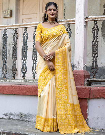 Saffron Yellow Soft Handloom Raw Silk Saree With Weaving Work