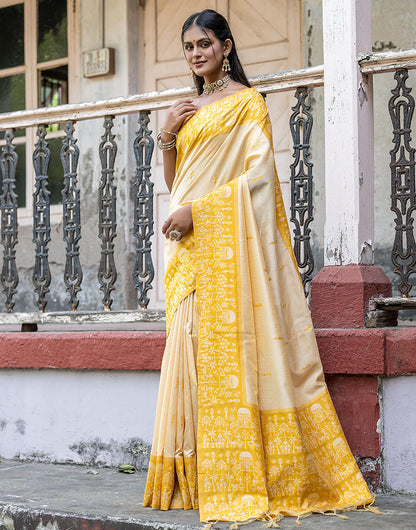 Saffron Yellow Soft Handloom Raw Silk Saree With Weaving Work