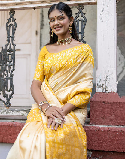 Saffron Yellow Soft Handloom Raw Silk Saree With Weaving Work