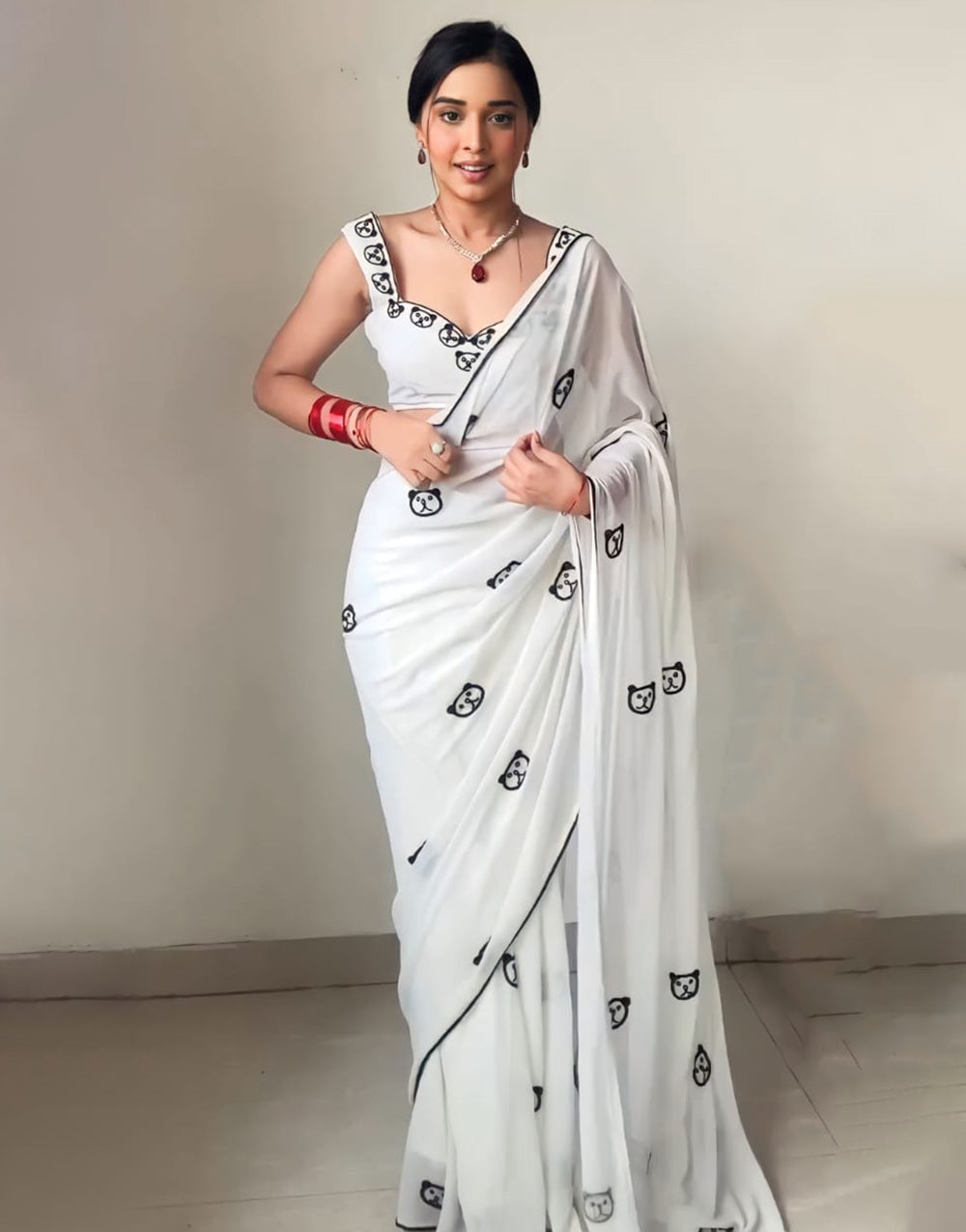 White Georgette Ready To Wear Saree