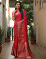 Red Bandhej Dola Silk Saree With Zari Weaving Work