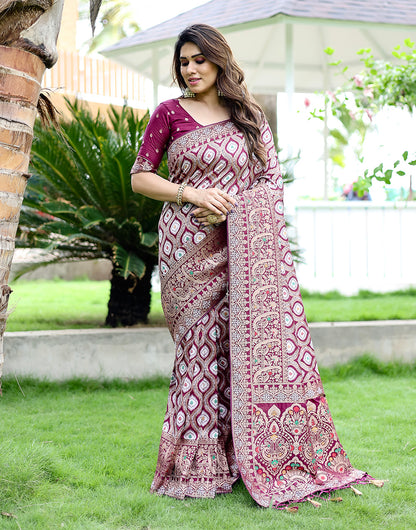 Malbec Wine Kanjivaram Silk Saree With Zari  Weaving  Work